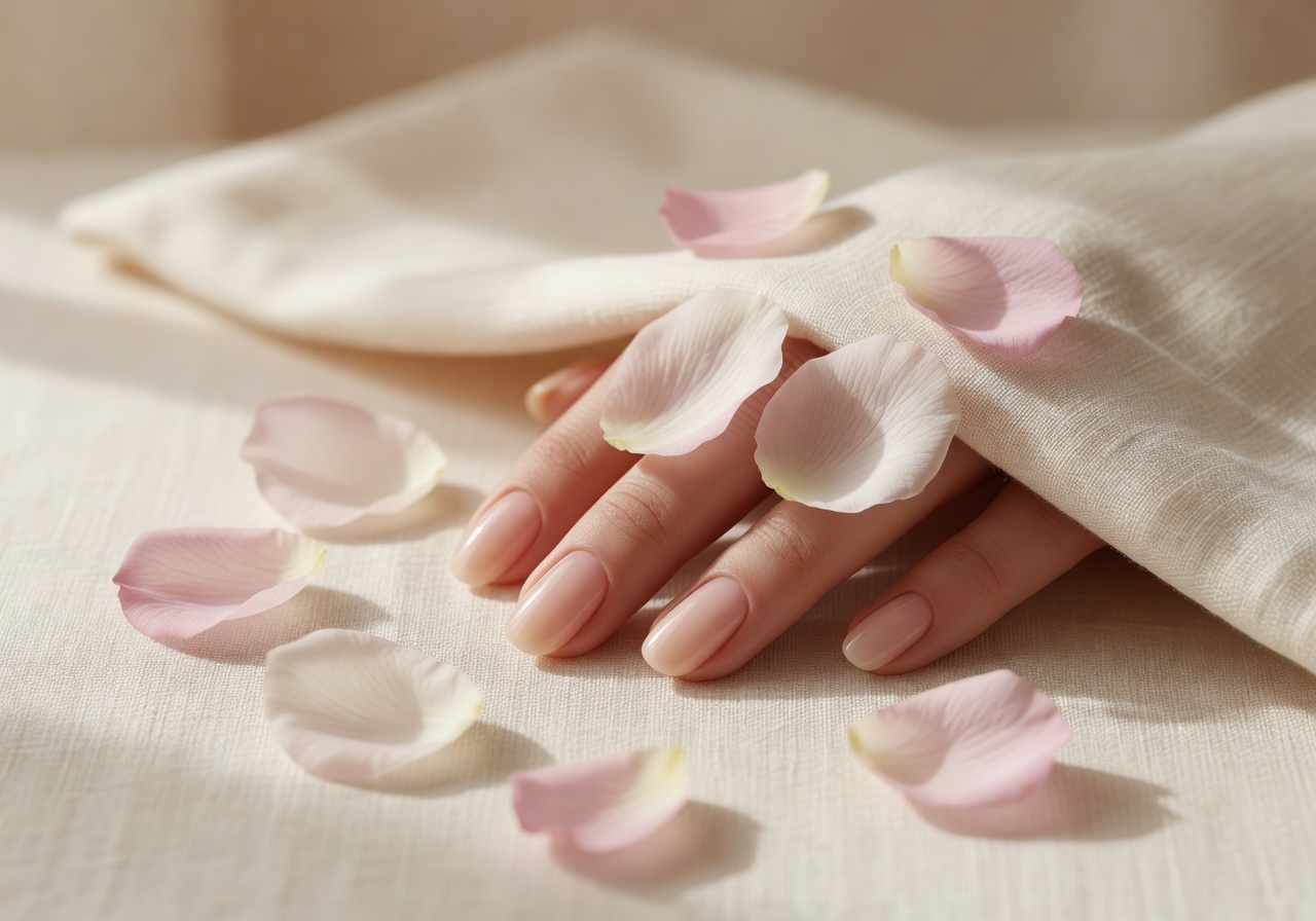 Eleganter Nägel-Detailshot mit Rosenblättern auf warmem Cremehintergrund