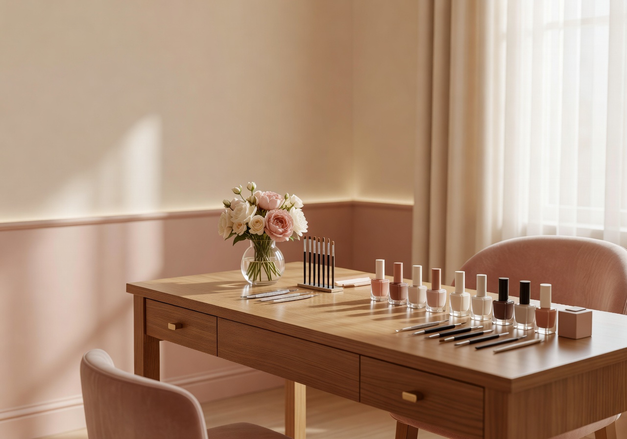Warme Detailaufnahme eines Nagelstudio-Arbeitsplatzes