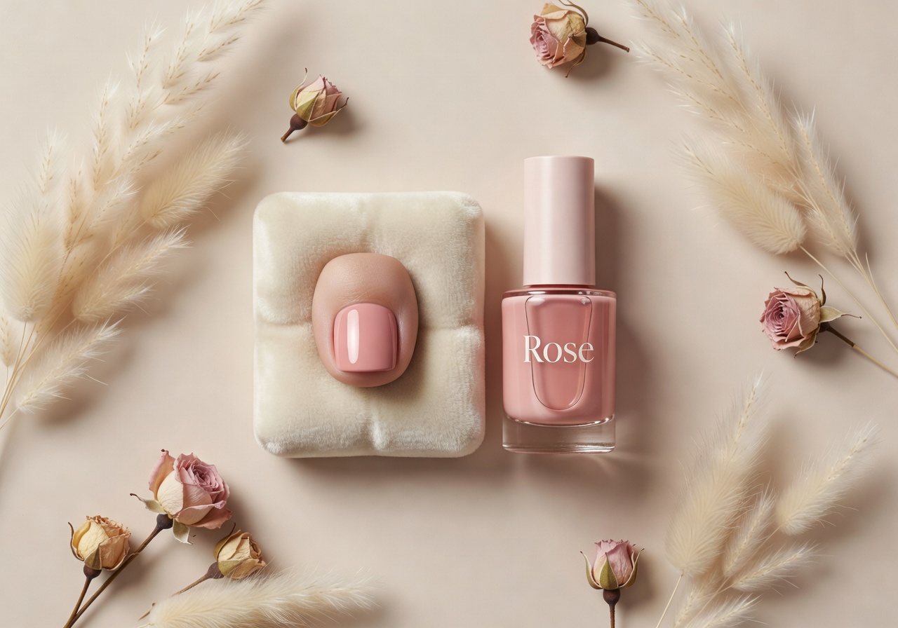 Pediküre-Flatlay mit getrockneten Blüten und Rosé-Polish