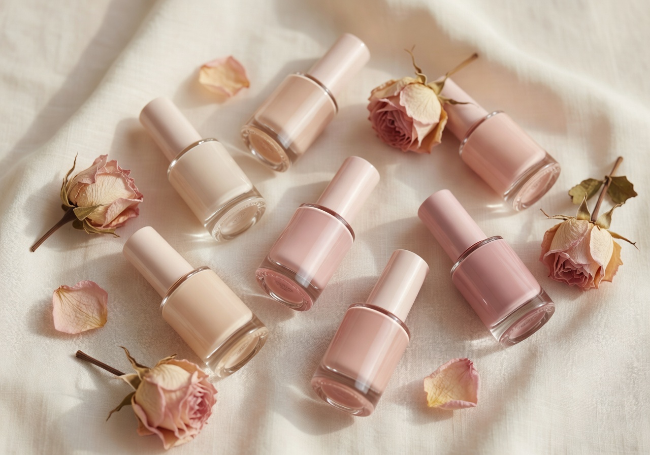 Polish-Flatlay mit nude und Rosé-Farbtönen auf warmem Leinen